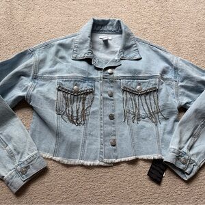 Womens Forever 21 Diamond Rodeo Rhinestone Denim Jean Jacket Crop Fringe Light S